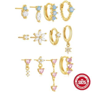 S925 Sterling Silver Geometric Heart Flower Zirconia Earrings For Women Gold Plated Hoop Stud Earring Jewelry Accessory
