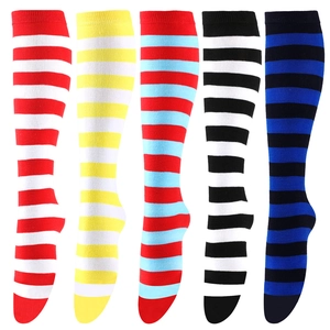 Detailed view of five color striped knee-high socks in high-quality knit fabric