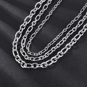 Polished silver stainless steel O-chain necklaces in various widths from 7mm to 13mm