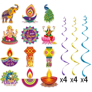Diwali party hanging swirls with elephant and peacock cutouts for festive decoration