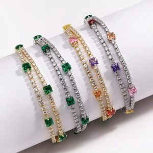 Detail of colorful 4mm square zircon tennis bracelets displayed on a white stand