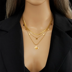 Three-layer gold butterfly pendant necklace with snake chain for stylish women