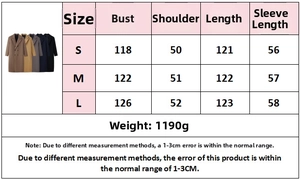 Detailed size guide for double-breasted long wool coat with measurements in centimeters