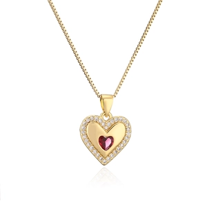 Exquisite gold-plated heart pendant necklace with red gemstone and zircon accents