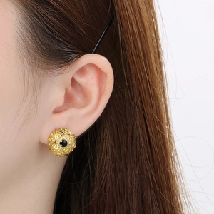 French vintage 18k gold plated stainless steel earrings with black gemstone and cloud texture