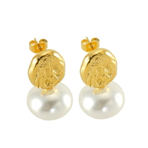 French vintage gold textured stainless steel pearl earrings with lava design for women