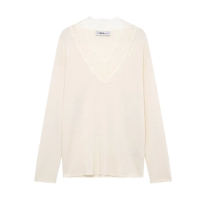 Elegant cream white V-neck knit sweater for women with delicate lace trim details