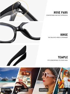 Detail view of cat eye frame hinges, nose pads and temples with outdoor lifestyle scenes