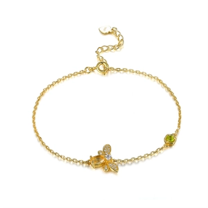 Pulsera de plata S925 con dijes de abeja y piedras preciosas amarillas y verdes en oro fino