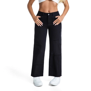 Women's black high-waisted straight leg denim trousers with unique patchwork stitching