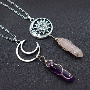 Amethyst and Rose Quartz hexagonal bullet pendants with silver wire wrap moon necklace