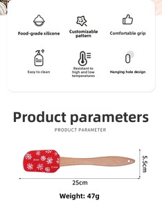 Detailed view of red silicone Christmas spatula with wood handle and 25cm size marking