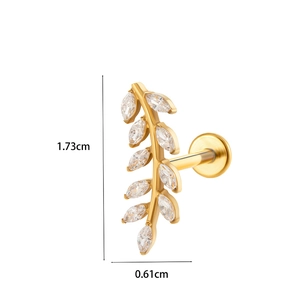 Detailed view of gold leaf stud earring with marquise zirconia and 1.73cm size markings