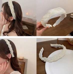 Detail of white mesh tulle headband and woven pearl hair hoop for women accessories