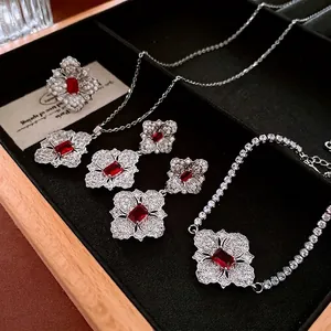 Retro Floral Jewelry Necklace Earrings And Bracelet With Red Zirconia Hollow Copper Design Silver Earring Post Luxury For Women