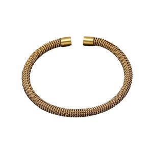 Minimalist gold stainless steel open bangle with woven mesh texture and matte end caps