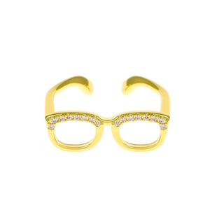 Creative gold-plated glasses-shaped adjustable open ring with pink cubic zirconia stones