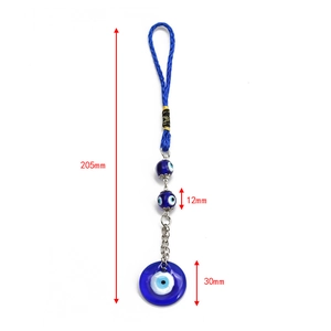 Blue evil eye keychain dimensions showing 205mm length and 30mm pendant details