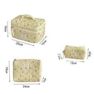 Three-piece set of quilted tulip cosmetic bags in different sizes with measurements