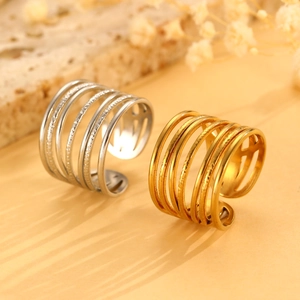 Detail of vintage style wide stainless steel ring with brushed texture in gold and silver
