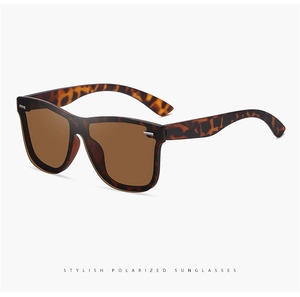 Detail view of stylish tortoiseshell polarized sunglasses with dark brown lenses