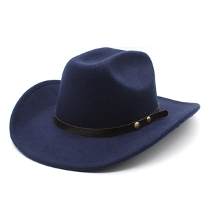 Classic dark blue wool felt jazz fedora hat with flat brim and brown leather band