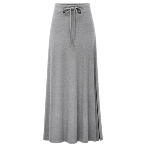Gray high-waist knitted midi skirt with drawstring waist and side slit detail