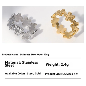 Detail view of hollow daisy flower rings in steel and gold finishes showing weight and size