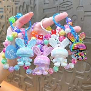 Colorful acrylic rabbit keychain with rainbow bead bracelet for bags and car keys