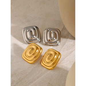 Macro detail of square spiral texture earrings in gold and silver stainless steel