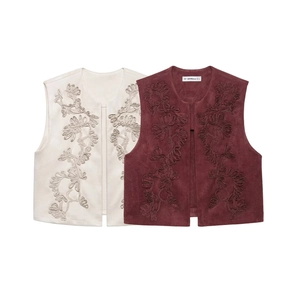 Women Vintage Faux Suede Vest Floral Embroidery Open Front Sleeveless Retro Bohemian Waistcoat