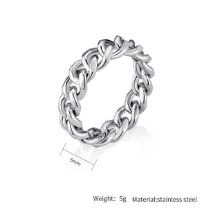 Detailed view of 6mm Cuban link chain ring in silver stainless steel with 5g weight