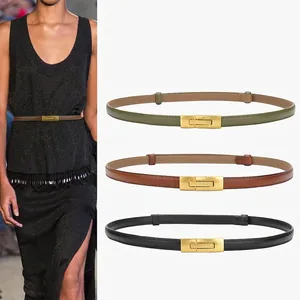 Women Thin Belt Genuine Leather Cowhide Adjustable Rectangular Interlocking Buckle Elegant Minimalist For Dress
