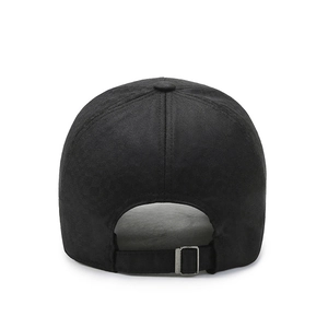 Classic black cotton baseball cap rear view with adjustable silver metal buckle