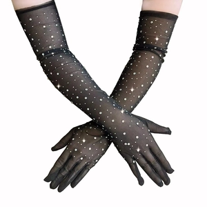 Elegant black lace mesh gloves with sparkling rhinestones for Halloween cosplay and parties
