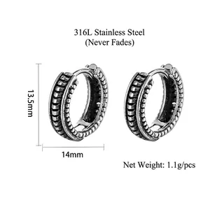 Vintage punk style 316L stainless steel chain earrings with engraved texture detail