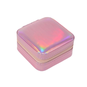 Pink holographic laser jewelry box with square shape and secure zipper closure