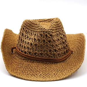 Men's hollow straw cowboy hat in khaki paper weave with a brown decorative cord