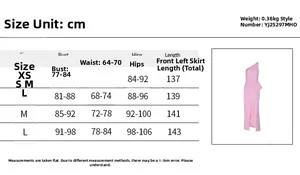 Detailed size chart for sleeveless one-shoulder slit evening gown with measurements