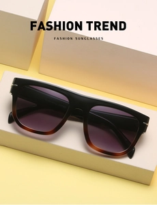 Macro detail of square oversized sunglasses with purple gradient lenses and metal trim