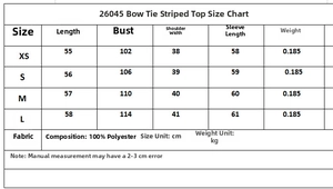 Detailed size chart with measurements for the bow poplin shirt in various sizes