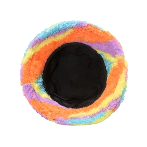 Detailed top view of tie-dye plush bucket hat showing colorful fleece texture and black lining