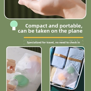 Detail of portable silicone travel bottles in translucent storage bag with labels