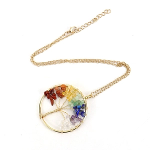 Handmade tree of life necklace with colorful crystal stones and gold-plated wire wrapping