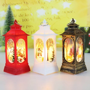 Three Christmas LED lanterns with Santa, Snowman, and Reindeer patterns for desktop decor