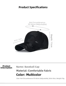 Detailed size specifications for the camo baseball cap with adjustable buckle