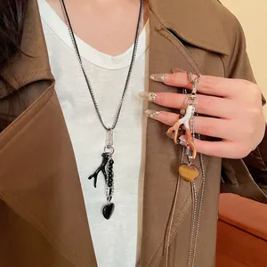 Retro Double Layer Long Sweater Chain Necklace With Stone Heart And Resin Branch Pendant For Women Bohemian Jewelry