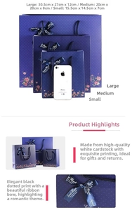 Detailed size comparison of blue floral gift bags with ribbon bows in three sizes