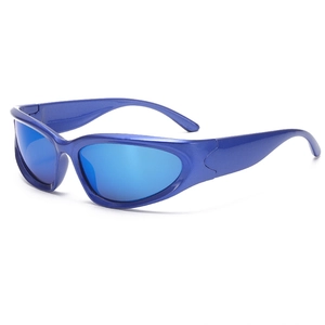 Kids sports wrap-around sunglasses with bright blue oval frames and mirrored lenses