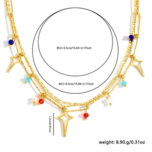 Collier double rang en acier inoxydable doré avec perles colorées et étoiles